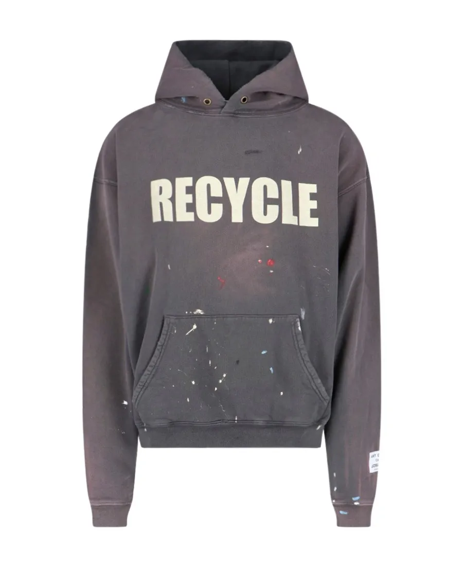 GALLERY DEPT. 90'S RECYCLE HOODIE WASHED BLACK 90'S washed hoodie with distressed eco-friendly slogans. Washed black S-XL. Ready-made garments are washed and dyed again. Multiple spots throughout the body are spray-faded. The ribs are cut and worn.